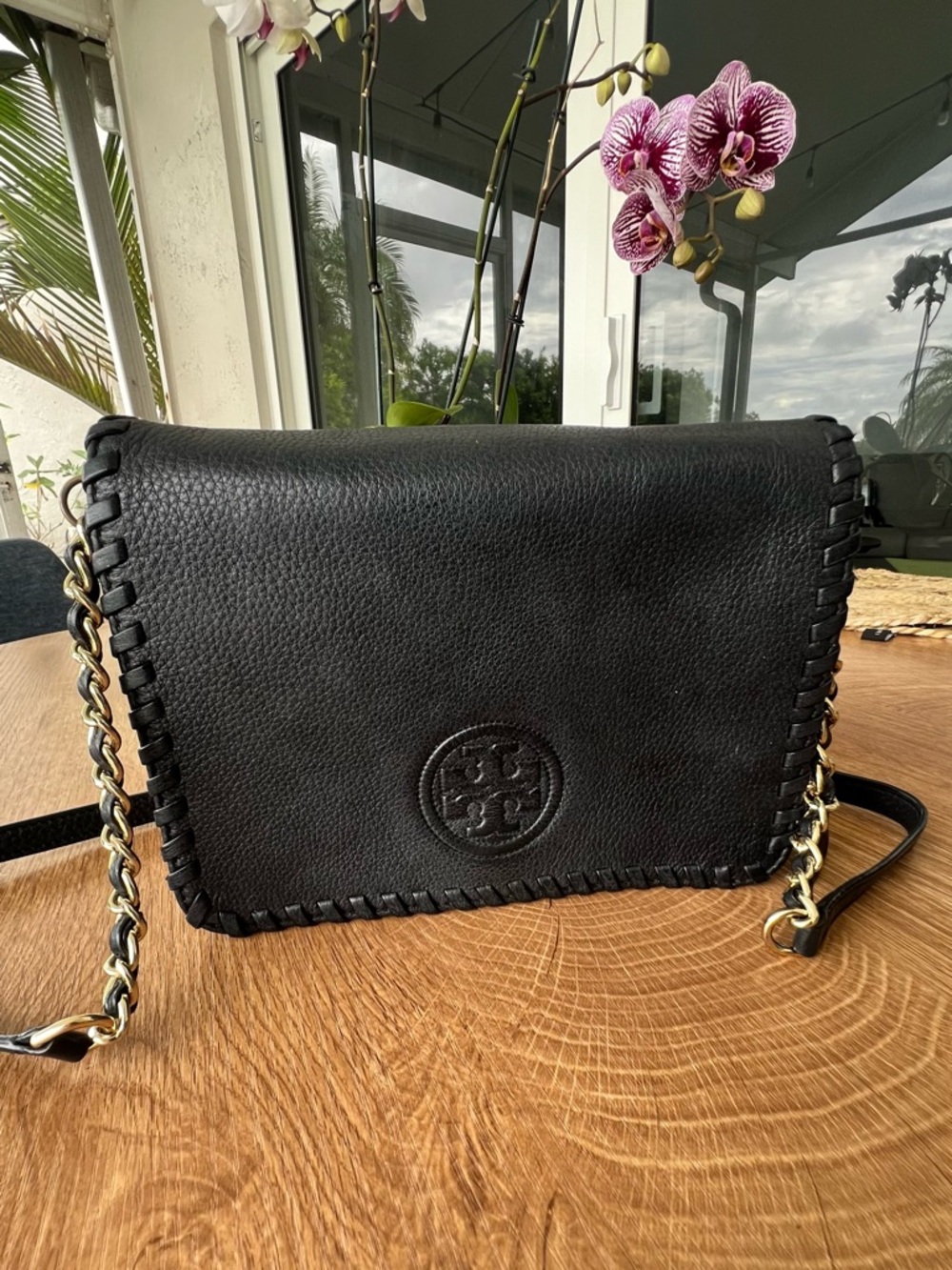 Tory Burch Black Leather Whipstitch Crossbody with Gold Chain